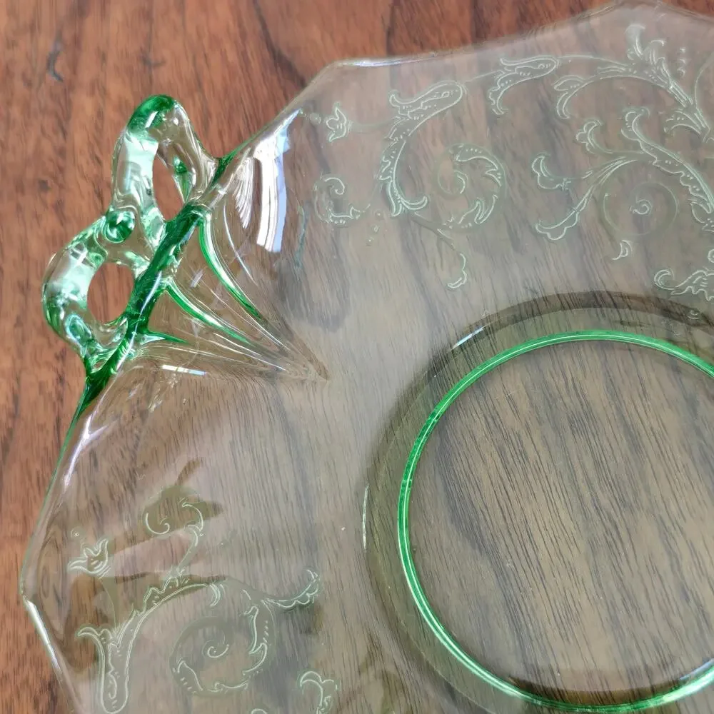 Vintage Fostoria Versailles Bon Bon Dish Green Glass Etched Bow Handle GLOWS